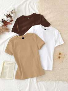 Conjunto de 3 piezas de camisetas de manga larga de ajuste ceñido con cuello redondo, estilo minimalista casual, 95% algodón, para mujer - Multicolor 10 - Ver 6
