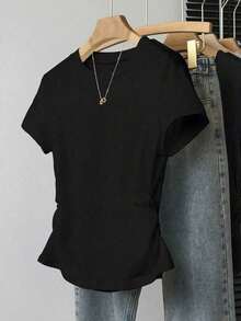 Set de 3 piezas de tops para mujer para exteriores, en color champán, marrón moca y negro, nuevas llegadas de verano, camiseta ajustada con pliegues, de moda y versátil, con estilo callejero fotogénico, imprescindible, de vuelta al colegio, que lla - Multicolor - Ver 6