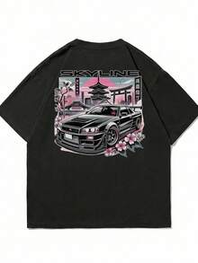 Camiseta de manga corta con estampado de estilo japonés para hombres de talla grande, cómoda y transpirable, para usar en verano - Negro - Ver 6