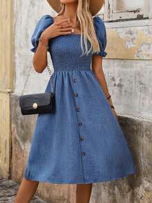 Vestido de manga abullonada efecto denim corte evasé para mujer - Azul - Ver 4