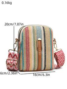 New Fashion Woven Texture Crossbody Bag, Colorblock Striped Straw Woven Bag, Bohemian Style Adjustable Shoulder Strap, Suitable For Beach, Travel, Vacation - Blue - View 3