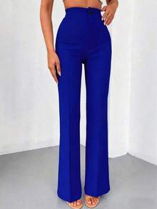 Pantalones rectos de talle alto de color negro sólido, elegantes y casuales, adecuados para uso diario, oficina, traslados, hogar, citas, pequeñas fiestas, eventos sociales ligeros en primavera - Azul - Ver 7