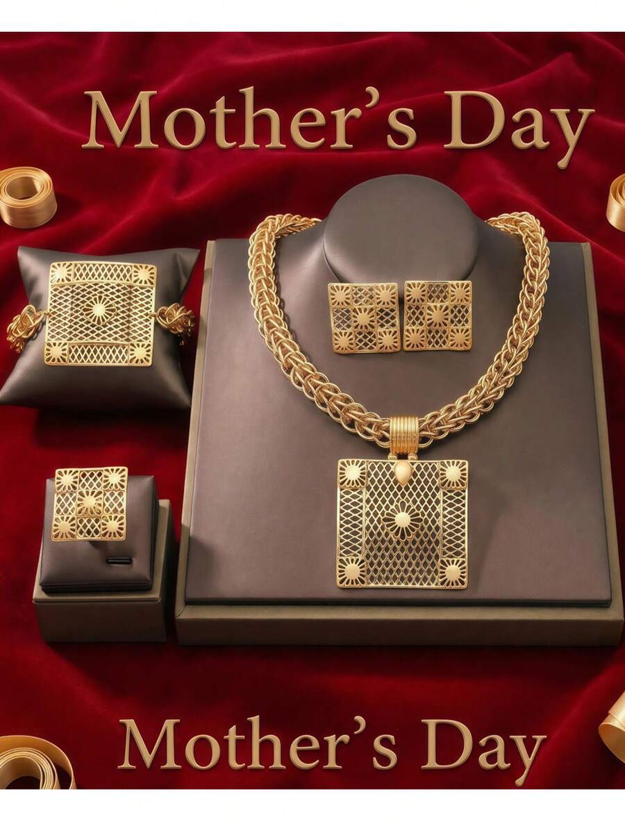 Jewelry African Gold Jewelry Set Elegant And Retro Leaf Jewelry Set, Perfect For Ladies - Shiny Geometric Necklaces, Earrings, Bracelets And Rings - Ideal For Weddings, Parties And Gifts - Gift - View 1