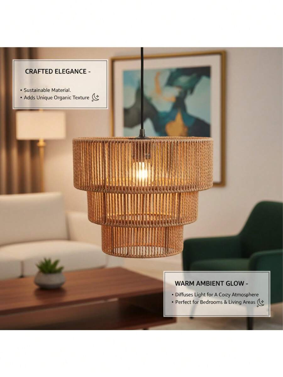Bohemian Style Woven Rattan Lamp Shade | 3-Layer Design, Suitable For Modern Farmhouse And Coastal Homes - Multicolor - View 1