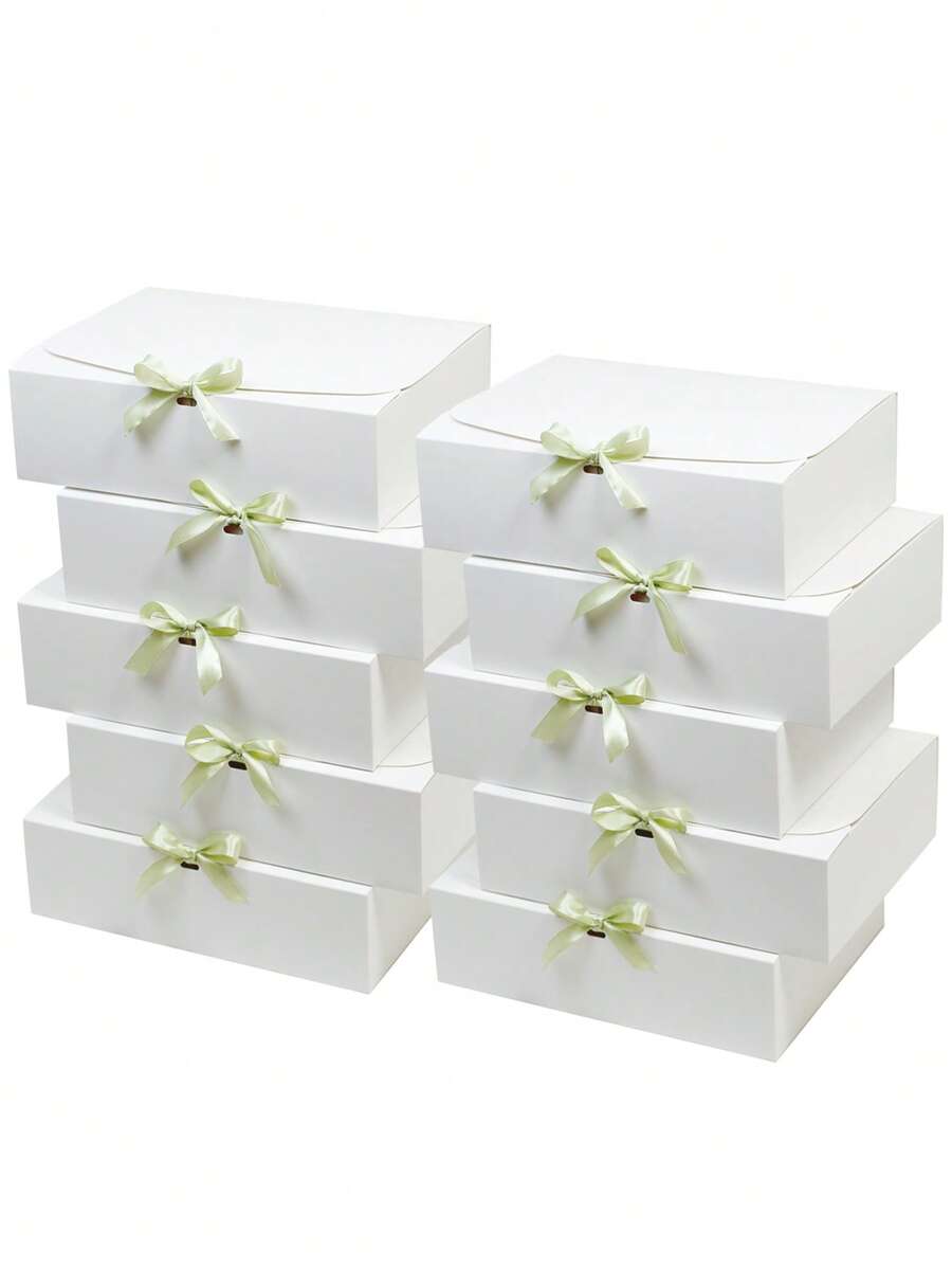 6/10pcs White Gift Boxes With Green Ribbon, Wedding Gift Boxes, Storage Boxes, Cosmetic Organizer Boxes, Decorative Flat Packed Boxes For Handmade Items, Suitable For Gifts, Crafts, Weddings, Bridal Showers, Bachelorette Parties, Graduations, Birthdays, Mother's Day, Valentine's Day, Available In Multiple Sizes