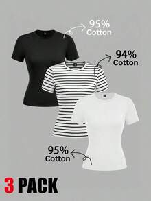 Set de 3 camisetas de mujer de cuello redondo de ajuste ceñido, 95% algodón, en negro, blanco y gris, aptas para todas las estaciones, interior y exterior, con estilo vintage y lindo para verano, para salidas de verano, hogar, vuelta al cole, otoño - Multicolor 3 - Ver 1