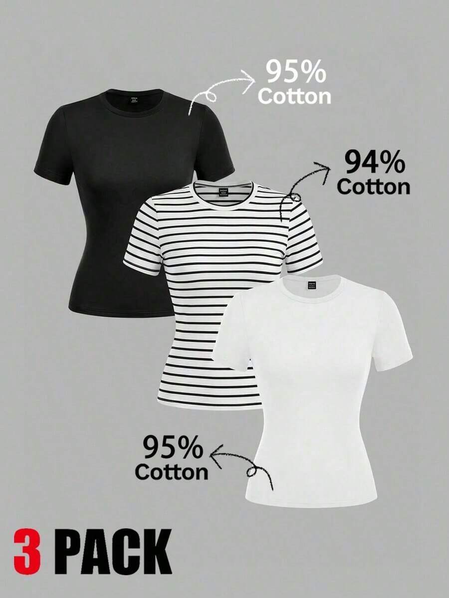 Set de 3 camisetas de mujer de cuello redondo de ajuste ceñido, 95% algodón, en negro, blanco y gris, aptas para todas las estaciones, interior y exterior, con estilo vintage y lindo para verano, para salidas de verano, hogar, vuelta al cole, otoño - Multicolor 3 - Ver 1