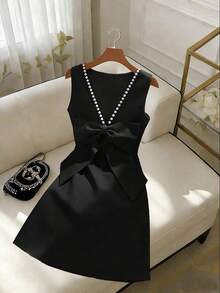 Women's Red Backless Beaded Bow Decor Sleeveless Dress - Rosa - Ver 7