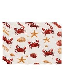 2/4/6pcs Multicolor Fish Shaped Placemats, Red Crab Shell Ocean Theme Placemats In Beige And Green, Coastal Crab, Starfish, Shell Design Lobster Party Holiday Decor Placemats - Beige - View 11