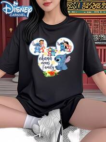 Authentic Disney Women's Summer Apparel Featuring Stitch And Lilo Patterns With "Ohana Means Family" Text And Mickey Mouse Head-Shaped Decoration. - Women's T-Shirt, New Summer Short-Sleeve Tee, Casual Fashion Printed T-Shirt For Women - 黑色 - 查看 1