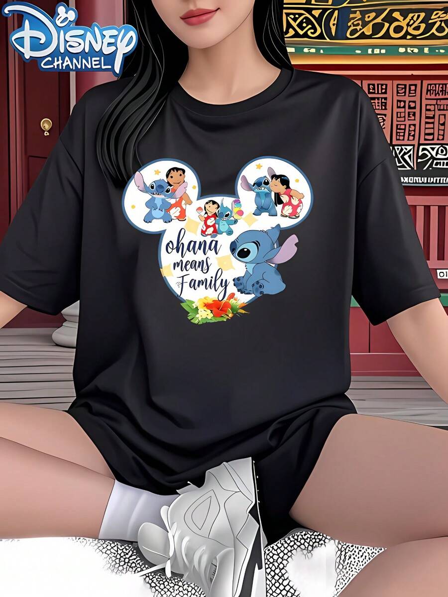 Authentic Disney Women's Summer Apparel Featuring Stitch And Lilo Patterns With "Ohana Means Family" Text And Mickey Mouse Head-Shaped Decoration. - Women's T-Shirt, New Summer Short-Sleeve Tee, Casual Fashion Printed T-Shirt For Women - 黑色 - 查看 1