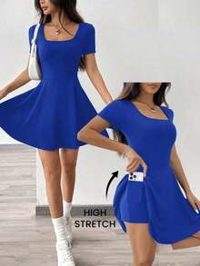 1 pieza Vestido corto de punto casual de mujer, cómodo para uso en el hogar y actividades deportivas, color rojo - azul real - Ver 8