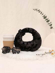 Mini Hobo Bag In A Crescent Shape, Fully Covered In Rhinestones, Integrated Circular Handle With Bow, Zipper, Various Colors, Women's Party, Wedding, Birthday Gift - 黑與白 - 查看 2