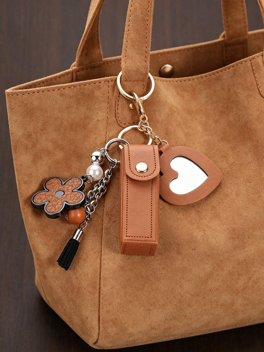1 Stück tragbare Lippenstift-Aufbewahrungstasche aus PU-Leder mit elegantem Touch, herzförmiger Spiegel-Accessoire zur Dekoration, dekorativer Schlüsselanhänger für kleine Hängeornamente, Rucksack-Accessoire zum Tragen, koreanisch-modischer Rucksack-Hängedekoration, Tasche-Hängeornamente - Verschiedenfarbig - Übersicht 1