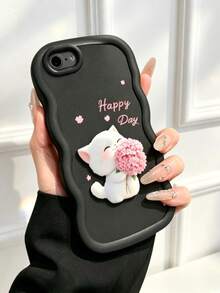 1pc Cute Bouquet Cat Printed Macaron Phone Case - Black - View 3