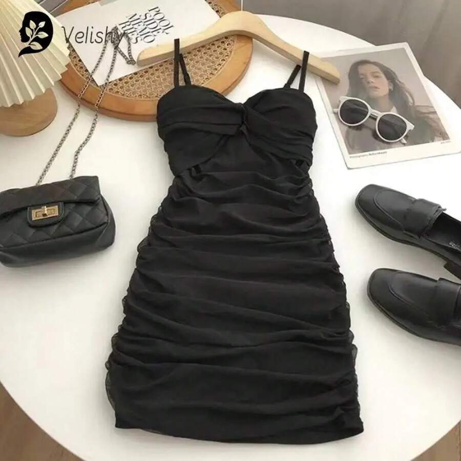 Vestido corto de verano con tirantes para mujer, minivestido Sexy con diseño fruncido para discoteca - Negro - Ver 1