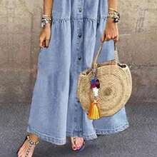 Vestidos Retro para mujer, vestido largo holgado de mezclilla con botones y bolsillos con cuello vuelto de manga corta, vestido largo de verano 2022 - azul claro - Ver 3