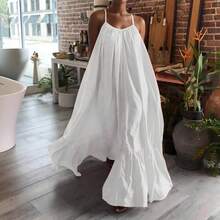Vestido de primavera para mujer, vestido Sexy de tirantes lisos con bolsillo, suelto, sin espalda, vestidos grandes con vuelo, vestidos de vacaciones para mujer, invitados de boda - Blanco - Ver 5