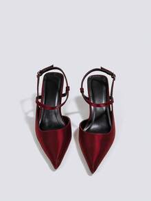 Escarpins à talons hauts bordeaux pour femmes, chaussures de soirée à bride arrière ouverte, chaussures de mariage, chaussures formelles Mary Jane, sandales à talons aiguilles pointus avec boucle et sans lacets - Rouge foncé - Voir 2