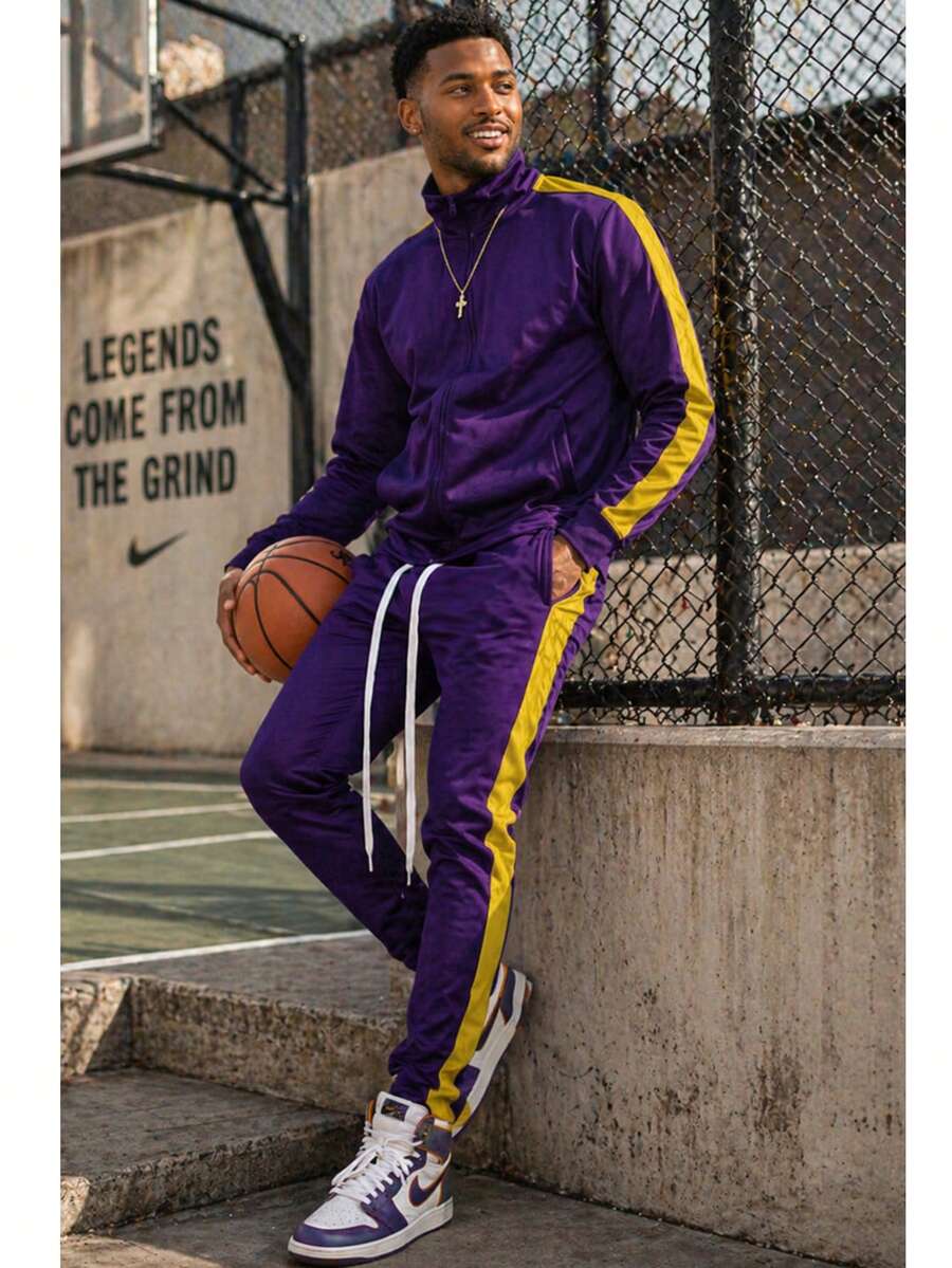 Homme Mens 2 Pc Light Weight Side Stripe Two Piece Co-Ord Track Jacket And Track Pant Set Ankle Zipper - 紫黃色 - 查看 1