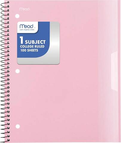 Mead Spiral Notebook, 1 Subject, College Ruled Paper, Plastic Cover, 8-1/2" X 11", 100 Sheets, Pastel Pink (820298B)