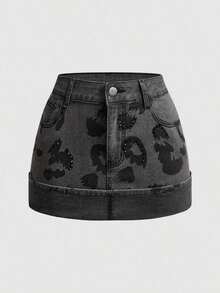 Minifalda de mezclilla casual de mujer con bloqueo de color lavado y parches - Gris - Ver 1