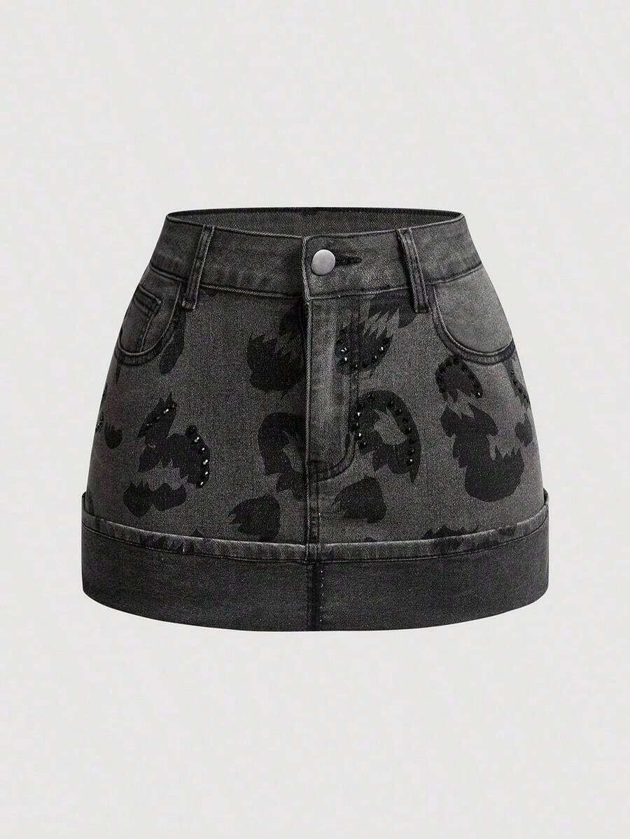 Minifalda de mezclilla casual de mujer con bloqueo de color lavado y parches - Gris - Ver 1