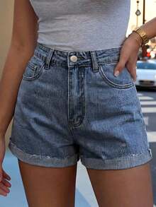 Shorts vaqueros de tiro alto lavados y remangados, de estilo minimalista y versátil, para mujer, de uso casual en verano - Gris Oscuro - Ver 11