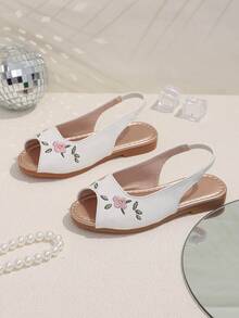 Girls' Summer Embroidered Flower Sandals, Retro Open Toe Princess Shoes, Soft Non-Slip Elastic Band Shoes, Casual Children Shoes - White - View 5