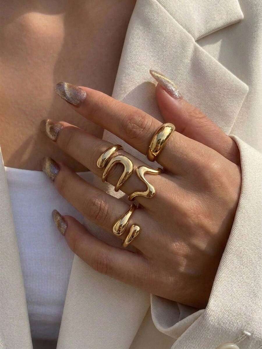 Set Cincin Terbuka Bentuk Tetesan Cairan Asimetris Vintage 4 Buah, Cocok untuk Sehari-hari, Pesta Malam, Hadiah untuk Pacar, Teman, Hari Valentine - Yellow Gold - View 1