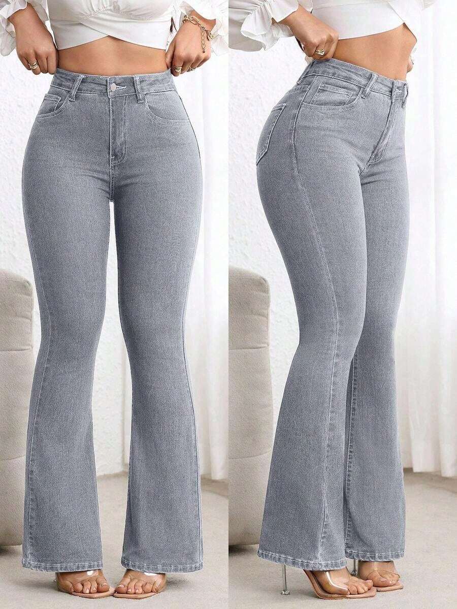 Jeans de talle alto con vuelo de unicolor simple para uso casual y de oficina de las mujeres - Gris Claro 2 - Ver 1