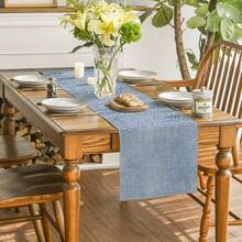 1pc Blue & White Faux Linen Print Polyester Table Runner, Minimalist Style, Lightweight Polyester, Easy To Clean, Rectangular Dining Tablecloth, Home Dining Table, Coffee Table, Sideboard, Patio Decor, Daily, Party Home Decoration, Due To Lighting Issues, There May Be Slight Color Difference In The Actual Product - Dusty Blue - View 2