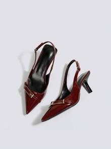 Women's Solid Color Pointed Toe Fashionable Elegant Commuting High Heels - Burgundy - View 3