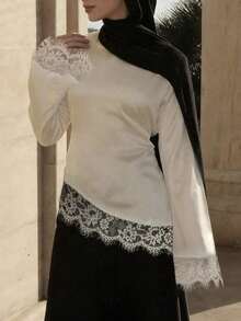 Elegant Satin Arabian Robe Top With Lace Trim, Style Long Sleeve Top Spring White - White - View 3