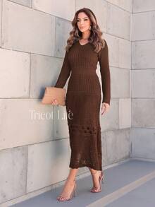 Elegant Women's Midi Knit Dress With Long Sleeves And Lace, Mermaid Style, Ideal For Winter Parties, Shapes The Body. - Màu nâu cà phê - Xem 8