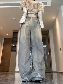 Quần jeans nữ dáng rộng, thoải mái, rách rưới, ống rộng. - Màu sắc cổ điển - Xem 10