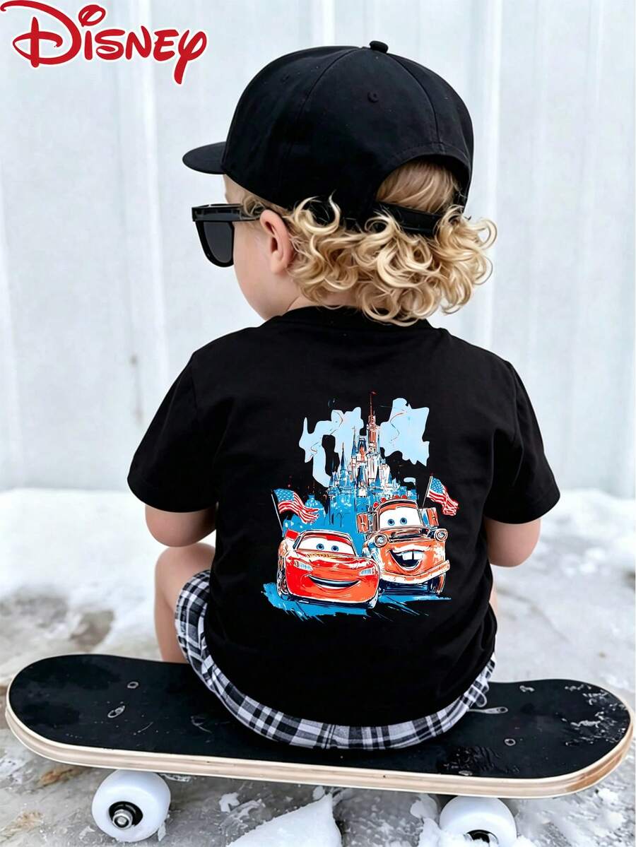 Disney Official Licensed Baby Boys Tops, Short-Sleeved T-Shirt, Cars Lightning McQueen Castle Pattern Printing, Summer Breathable Comfortable Short Sleeves, Kids Cartoon Casual T-Shirt - 黑色 - 查看 1