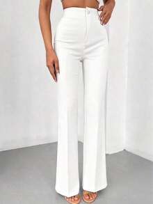 Pantalones rectos de talle alto de color negro sólido, elegantes y casuales, adecuados para uso diario, oficina, traslados, hogar, citas, pequeñas fiestas, eventos sociales ligeros en primavera - Blanco - Ver 3