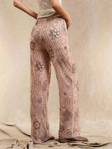 Pantalones rectos holgados de estilo bohemio con patrón de cuentas en color marrón para mujer, de verano - Rosa - Ver 7