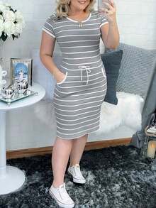 Vestido camisero casual de mujer con rayas, manga corta, cintura con cordón y bolsillos, elegante para el verano - Gris - Ver 1