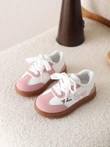 1 Pair Girls' Lightweight Anti-Slip Bow Decor Casual Shoes, New Soft Sole Hook And Loop Sneakers, Versatile - Pink - View 2