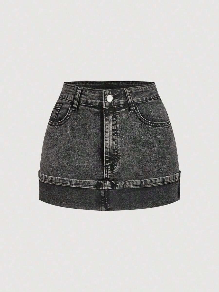 Minifalda de mezclilla lavada y desgastada de estilo casual para mujer, para el verano - Gris 2 - Ver 1