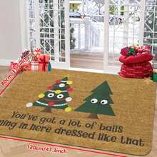 1 Humorous Christmas Tree Welcome Mat | Material, Thick Adhesive Fluff, With Sponge 0.4 Inches, Brown Hemp Texture, The Left Tree Is Designed As A Colorful Decoration, The Right Tree Is Designed As The Text "You Wear It So That Many People Will Come In", The Two Coexist - White - View 2