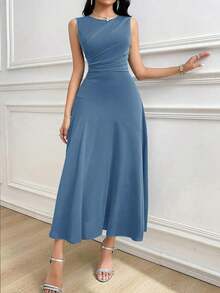 Vestido largo sin mangas de unicolor que ciñe la cintura para mujer - Azul 2 - Ver 3