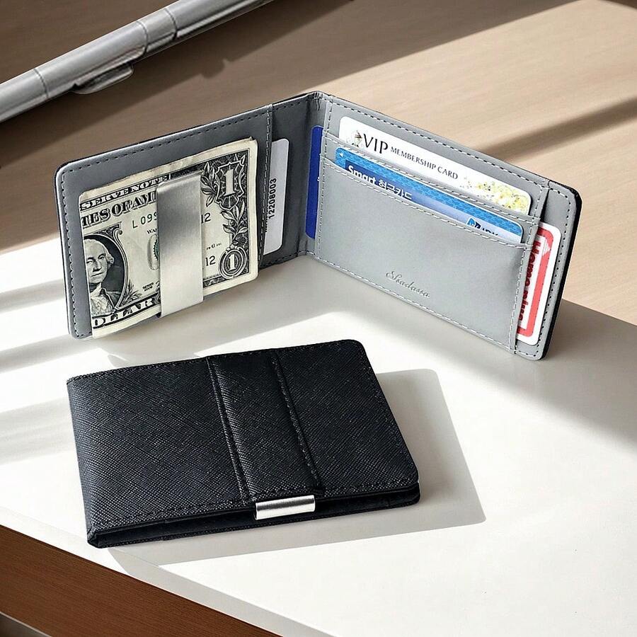 Korean Style Wallet Men's Cross Pattern Short Wallet Stainless Steel Money Clip Credit Card ID Card Holder PU - 藍色 - 查看 1