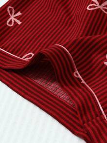 2 piezas Conjunto de pijama de mujer con top de cuello polo de manga corta con estampado de rayas y lazo, y shorts con lazo, cómodo, para primavera/verano - Rojo - Ver 7