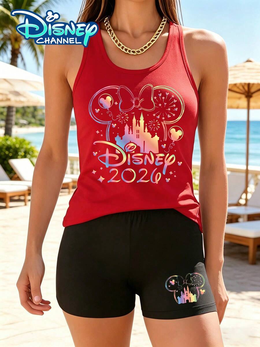 Disney Official Authorization | Vacation Outfits Women Tank Top & Yoga Pants Set. Featuring A Mickey Mouse Head Silhouette, Combined With 2026 Rainbow Castle, Fireworks And Balloon Elements. The Fabric Is Soft And Breathable, Making It Perfect For Vacations, Outings And Daily Casual Wear. - 紅色 - 查看 1