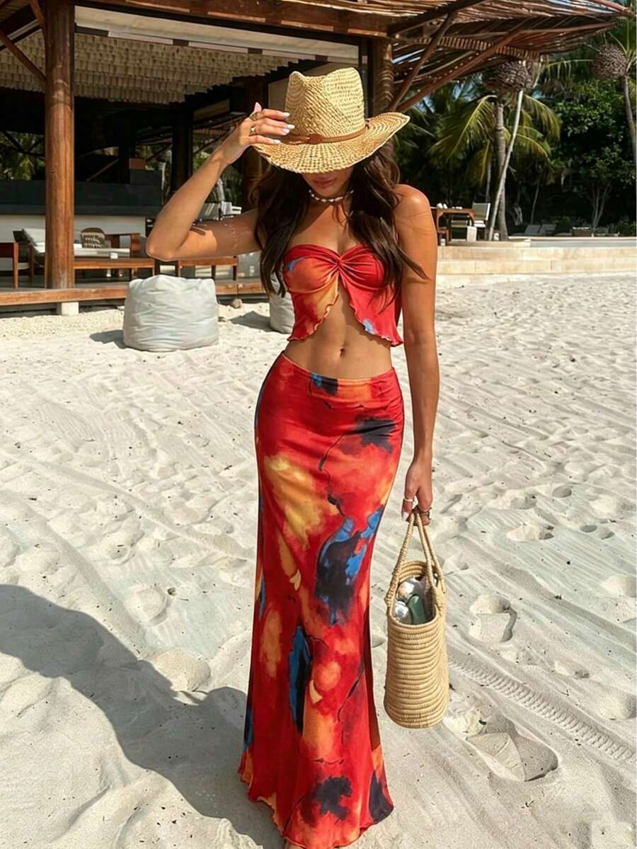 Bộ đồ 2 mảnh Kliou Ombre in họa tiết thanh lịch, gợi cảm dành cho nữ, gồm áo croptop không dây và chân váy dài, thích hợp cho mùa hè đi biển, tiệc đêm và trang phục đi club. - Đỏ - Xem 1