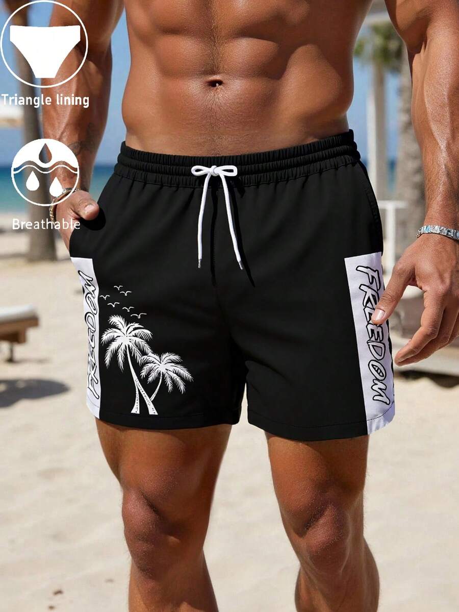 Quần short nam mùa hè in chữ, cạp chun, túi xéo, chất liệu Hawaii, nhanh khô, hai lớp lót lưới, họa tiết cây dừa đen trắng tương phản 3D, quần bơi thời trang thường ngày đi biển. - Đen và trắng - Xem 1