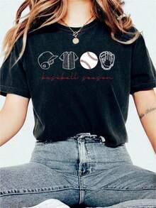 1 Baseball Season T-Shirt, Baseball Game Day Gift, Women's College Baseball T-Shirt, Gift For Mom, Father's Day Gift, Funny Graphic Tees For College Game Day For Men And Women, Casual Loose Crew Neck T-Shirts, Women's Plus Size 180g Graphic Tees, Soccer World Cup Print Short Sleeve T-Shirts For Mother's Day, Summer Fashion Tops. - 黑色 - 查看 1